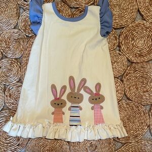 Adorable Cream and Blue Kids Dress with Bunny Design
